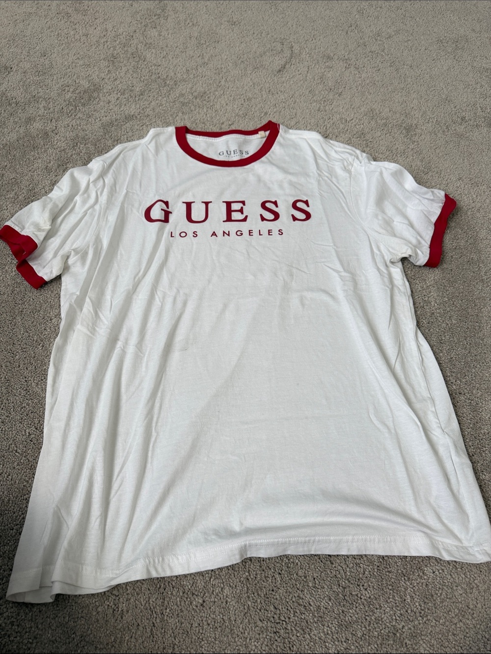 GUESS White Tee with Red Ringer Trim and Logo